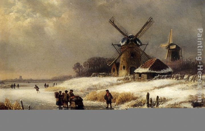 Lodewijk Johannes Kleijn Figures On A Frozen Waterway By A Windmill